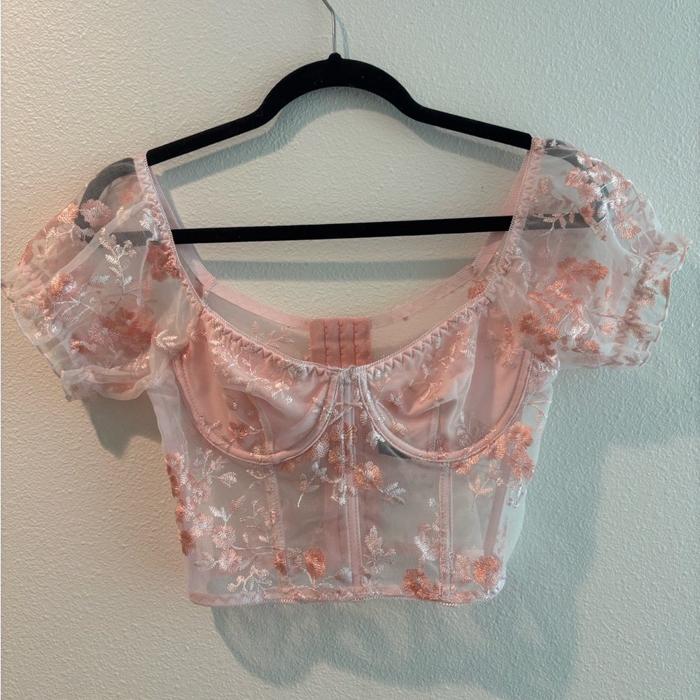 Floral Embroidered Sheer Pink Top